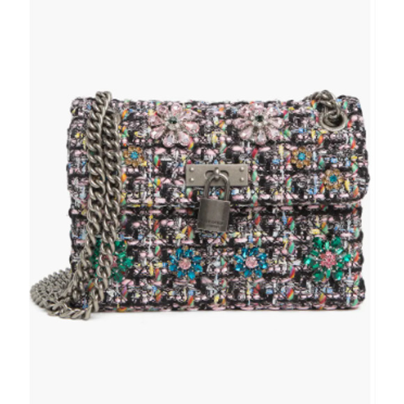 Kurt Geiger London Crystal Tweed Mini Brixton Lock Chain Strap Shoulder Bag Pink